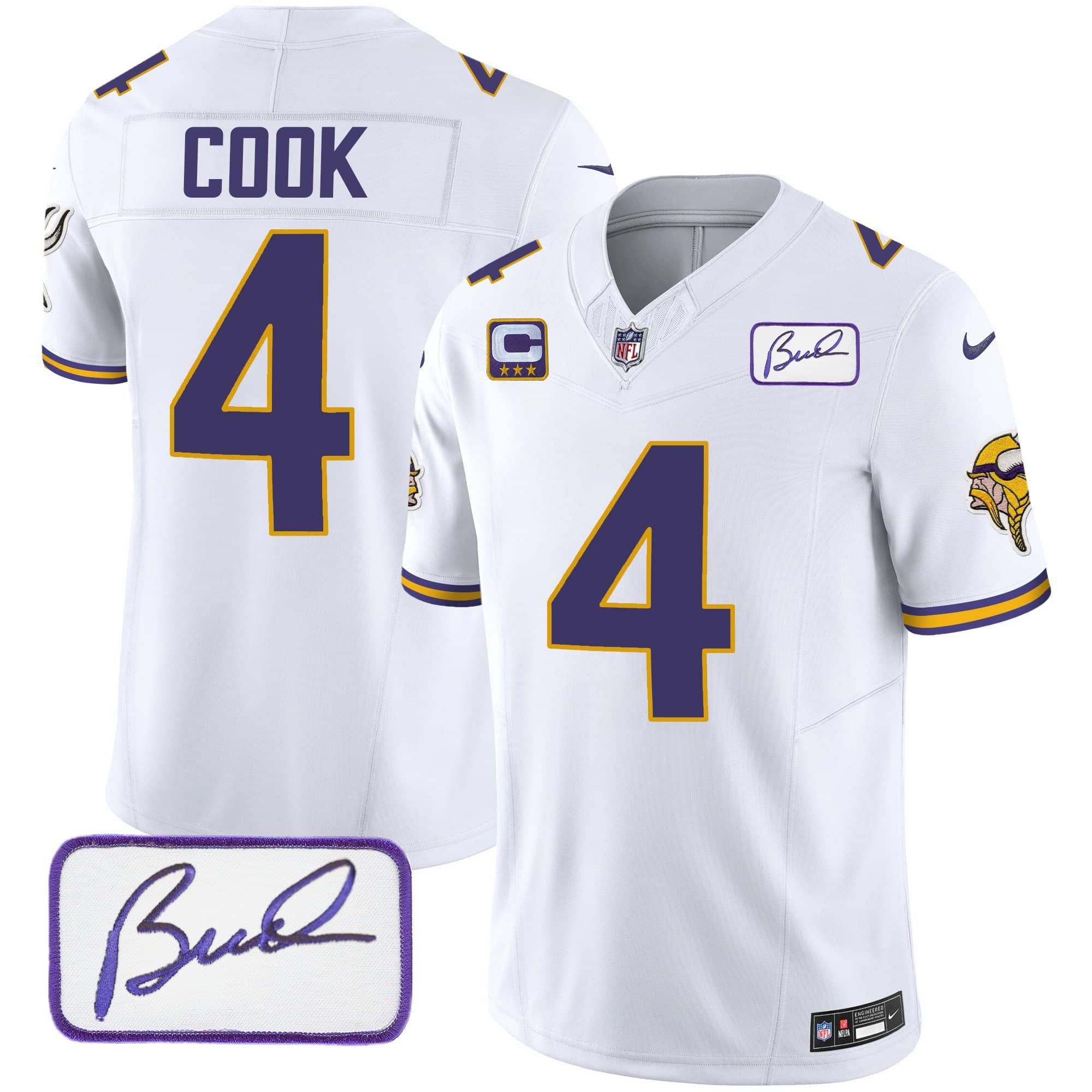 Men Minnesota Vikings 4 Cook White 2024 Nike Bud Grant Patch Classic Limited NFL Jersey style 1